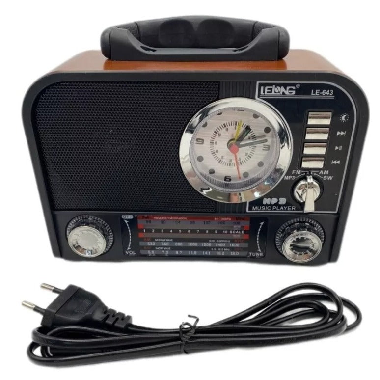 Rádio Relógio Retro Bluetooth AM/FM Cartão Memória Bivolt