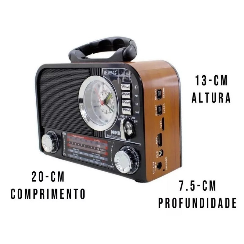 Rádio Relógio Retro Bluetooth AM/FM Cartão Memória Bivolt