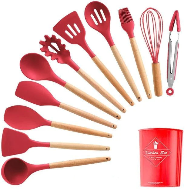 Kit 12 Utensílios Silicone Colher Vermelho