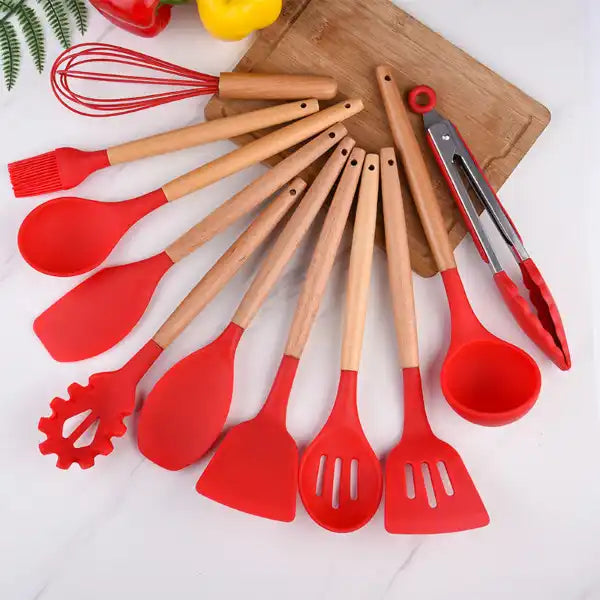 Kit 12 Utensílios Silicone Colher Vermelho