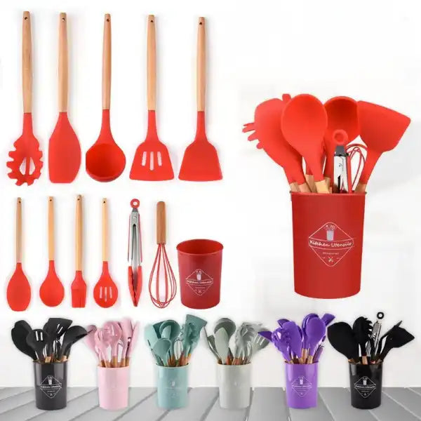 Kit 12 Utensílios Silicone Colher Vermelho