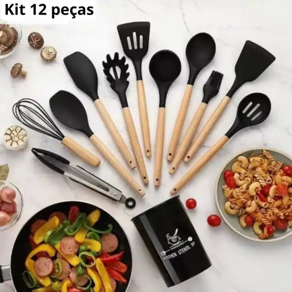 Kit 12 Utensílios Silicone Colher Preto