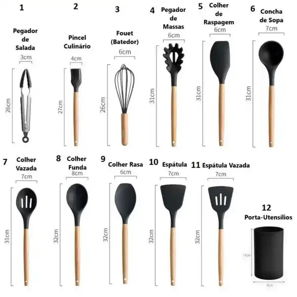 Kit 12 Utensílios Silicone Colher Preto