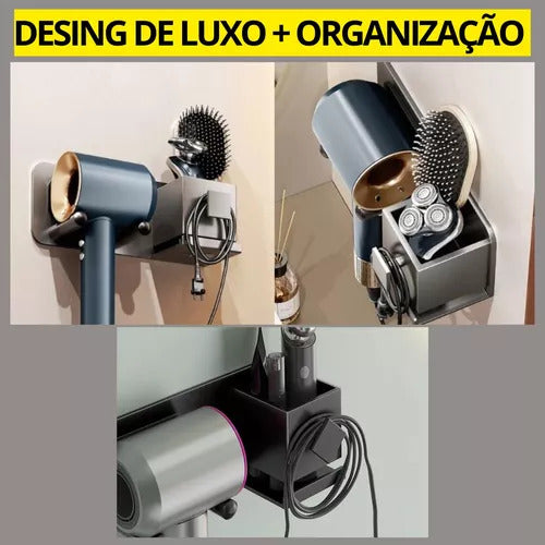 Suporte Organizador para Secador de Cabelo + Itens de Maquiagem em Alumínio