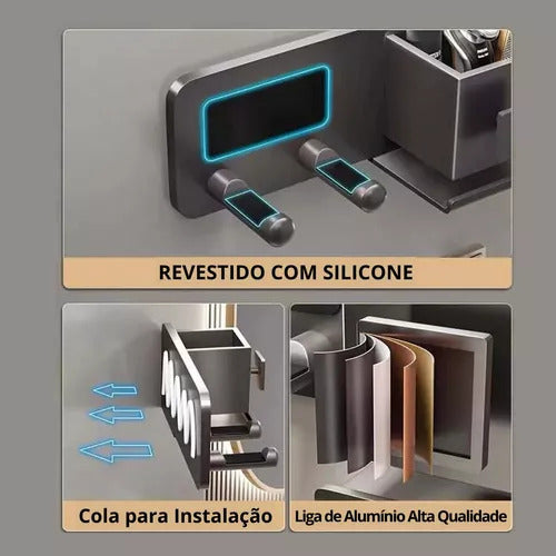 Suporte Organizador para Secador de Cabelo + Itens de Maquiagem em Alumínio